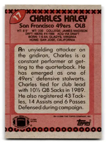 Charles Haley football card 1990 Topps #17 NM Near Mint original gloss mint 49ers
