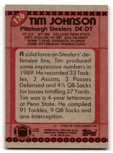 Tim Johnson Pittsburgh Steelers football card with original gloss from 1990 Topps