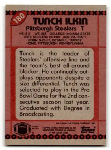 1990 Topps #180 Tunch Ilkin Pittsburgh Steelers Football Card original gloss design