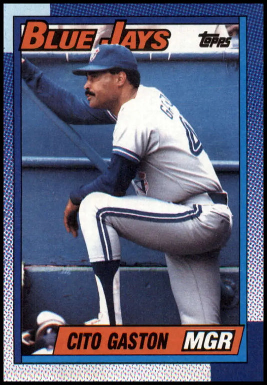 1990 Topps Cito Gaston baseball card featuring the Toronto Blue Jays in white uniform