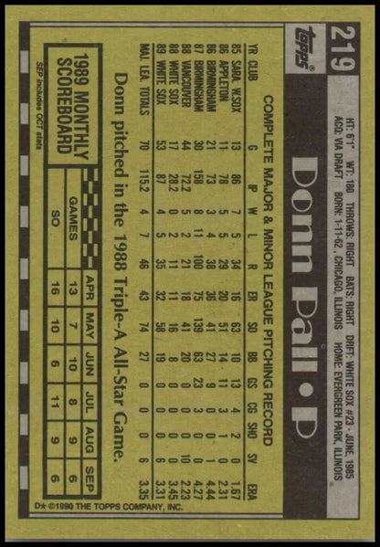 Back of 1990 Topps #219 Donn Pall Baseball Card with Chicago White Sox player stats