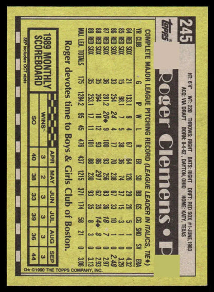 Vintage 1990 Topps Roger Clemens Baseball Card featuring Boston Red Sox statistics