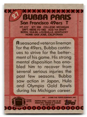 1990 Topps #27 Bubba Paris football card, original gloss, NM Mint 49ers collectible