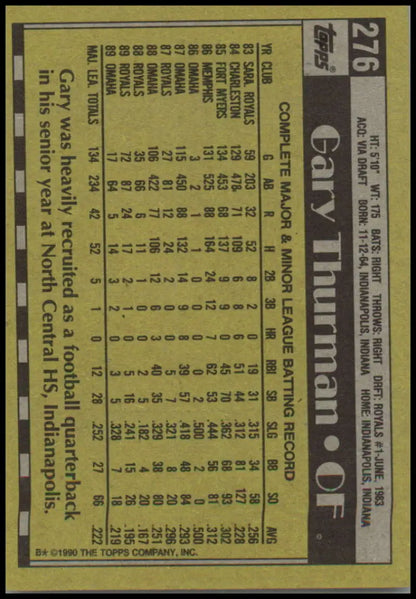 1990 Topps #276 Gary Thurman Baseball Card showcasing Kansas City Royals player stats