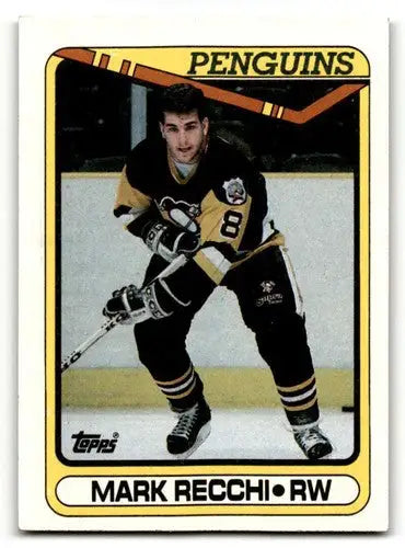 Original gloss 1990 Topps Mark Recchi Pittsburgh Penguins hockey card close-up