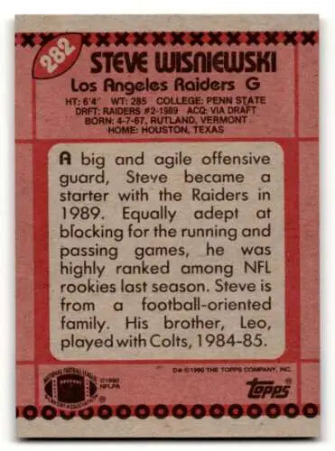 1990 Topps #282 Steve Wisniewski Los Angeles Raiders football card with original gloss
