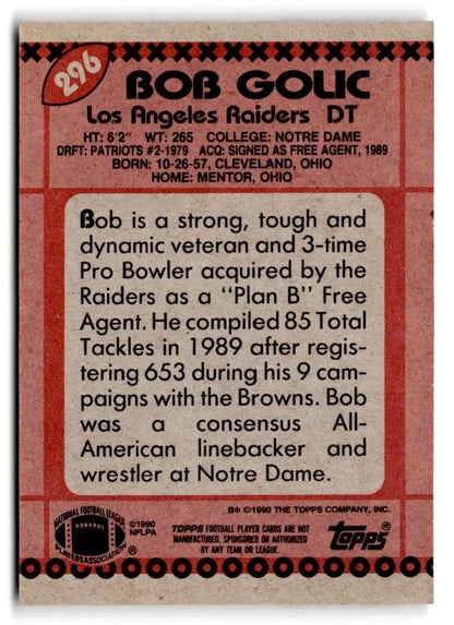 1990 Topps #296b Bob Golic - Trading Card