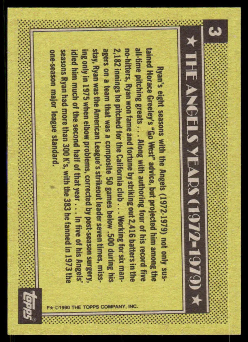 Back of 1990 Topps Nolan Ryan California Angels Baseball Card with yellow-green design