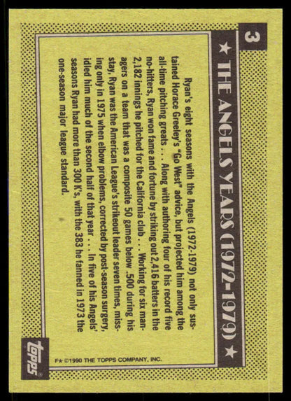 Back of 1990 Topps Nolan Ryan California Angels Baseball Card with yellow-green design