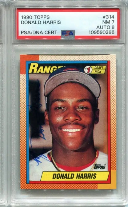 1990 Topps Donald Harris Texas Rangers baseball card PSA/DNA certified graded NM 7 with auto 8
