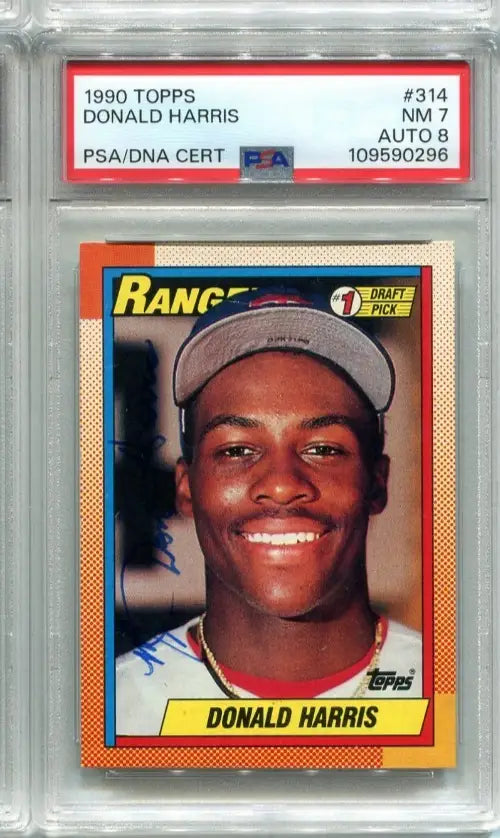1990 Topps Donald Harris Texas Rangers rookie card with auto PSA 7 NM grade and auto 8