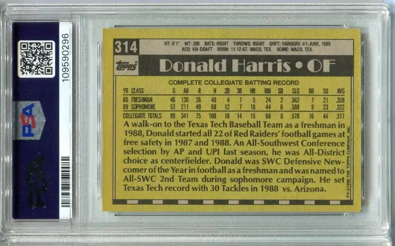Graded Donald Harris Texas Rangers baseball card from 1990 TOPPS #314 PSA 7