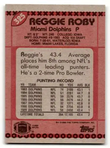 1990 Topps #325 Reggie Roby Miami Dolphins Football Card with original gloss finish