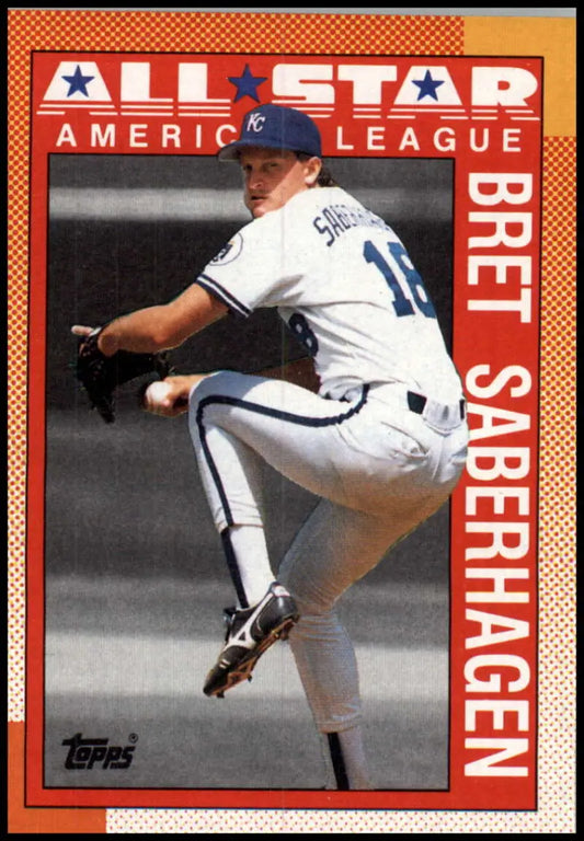 Kansas City Royals baseball card of Bret Saberhagen mid-delivery in 1990 Topps set