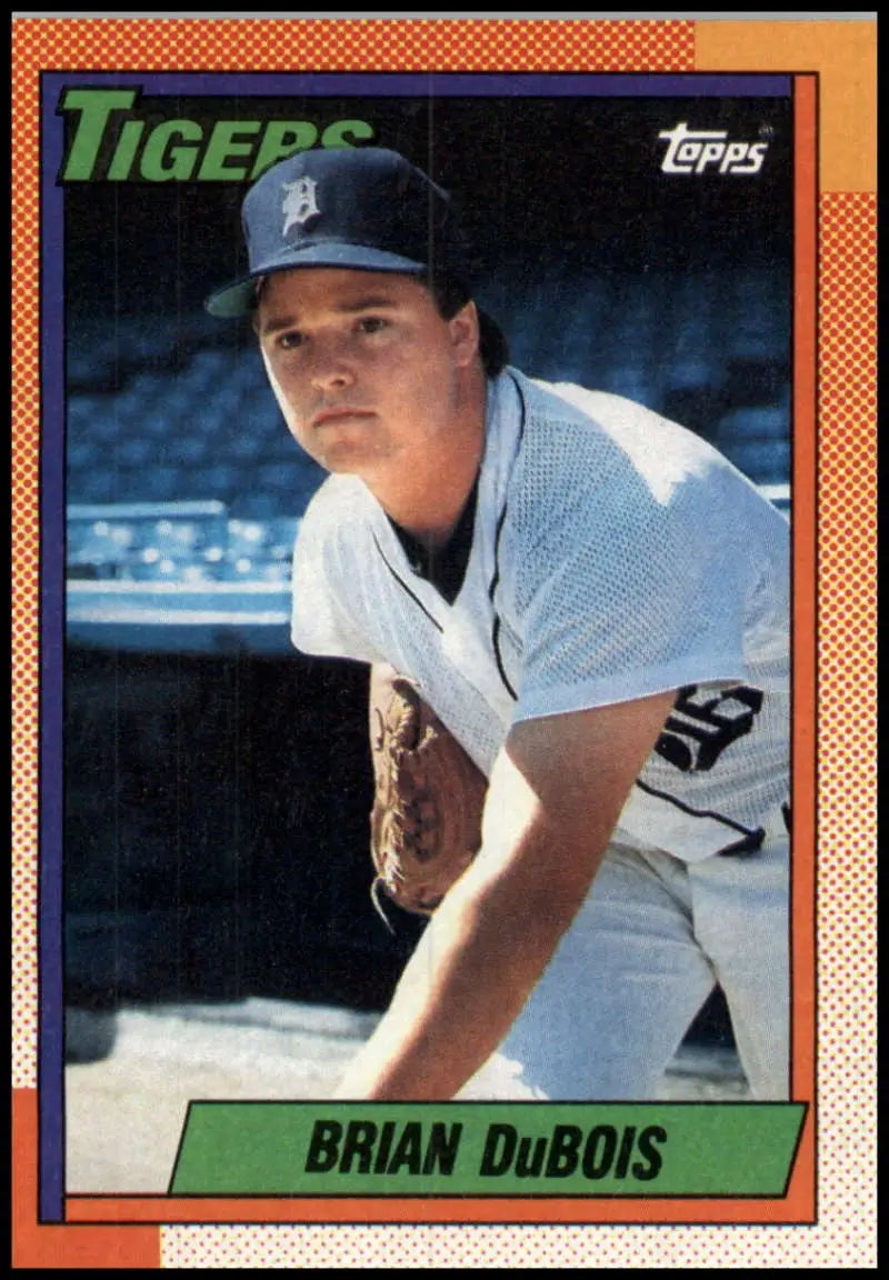 1990 Topps Brian DuBois rookie baseball card of Detroit Tigers pitcher in white uniform