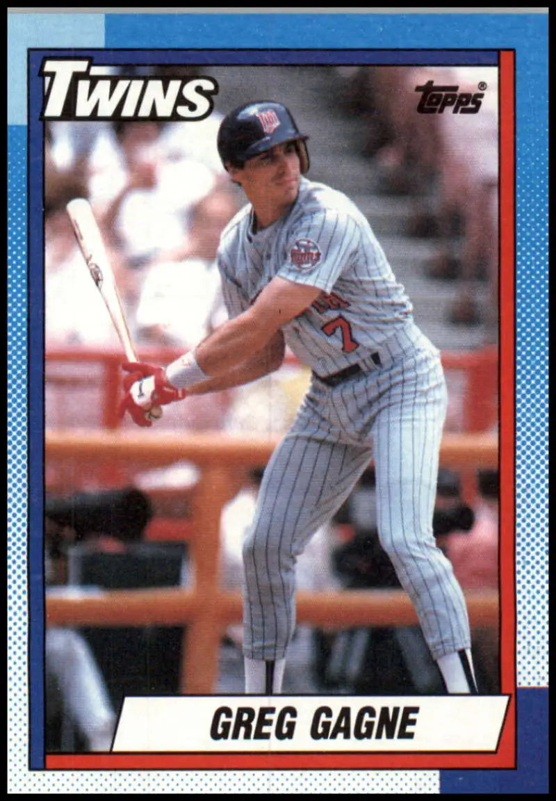1990 Topps Greg Gagne baseball card featuring Minnesota Twins player at bat in pinstripes