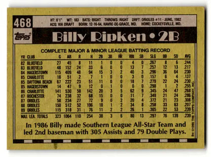Original gloss Billy Ripken baseball card from 1990 Topps #468 featuring Orioles early edition