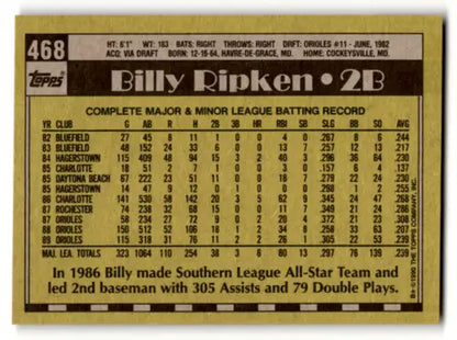 1990 Topps #468 Billy Ripken baseball card with original gloss, EX/NM condition