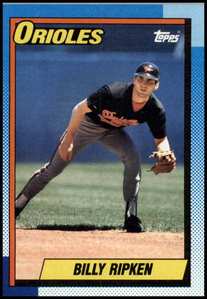 1990 Topps Billy Ripken baseball card featuring Baltimore Orioles infielder fielding