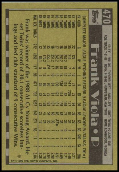 Back of 1990 Topps #470 Frank Viola Baseball Card showing New York Mets player stats