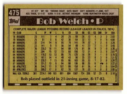 Original gloss Bob Welch Oakland Athletics baseball card from 1990 Topps #475