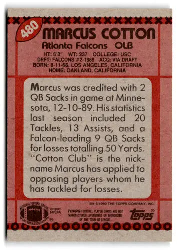Original gloss Marcus Cotton football card from 1990 Topps Falcons NM near mint