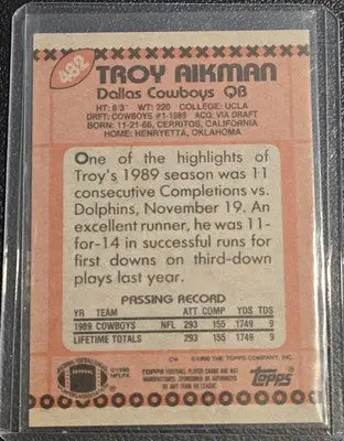 Troy Aikman rookie football card from 1990 Topps #482 featuring Dallas Cowboys player