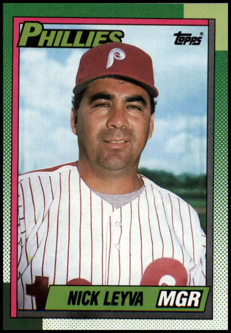 Baseball card of Nick Leyva, Philadelphia Phillies manager in pinstriped uniform