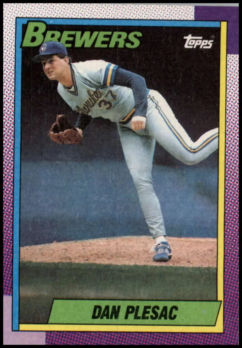 1990 Topps Dan Plesac Milwaukee Brewers baseball card featuring a pitcher in mid-delivery