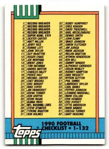 1990 Topps #497 Checklist card featuring original gloss and team football cards