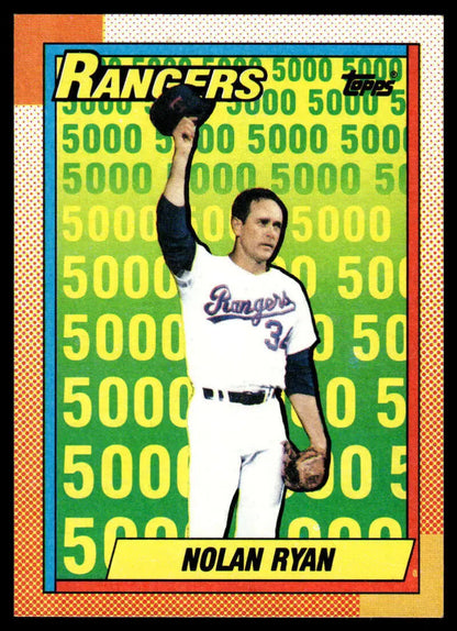 Nolan Ryan Texas Rangers Baseball Card with pitcher in white uniform and green background