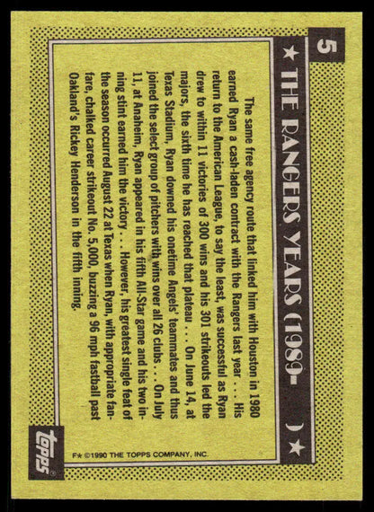 Back of 1990 Topps #5 Nolan Ryan Texas Rangers Baseball Card in vintage design