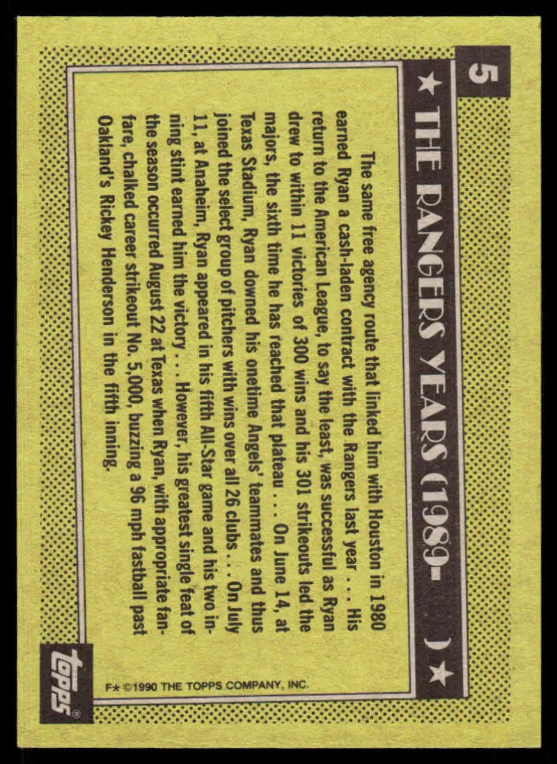 Back side of a vintage Nolan Ryan Texas Rangers baseball card with yellow text