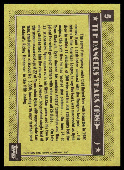 Back side of a vintage Nolan Ryan Texas Rangers baseball card with yellow text