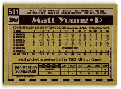 Back of 1990 Topps Matt Young Oakland Athletics baseball card with original gloss