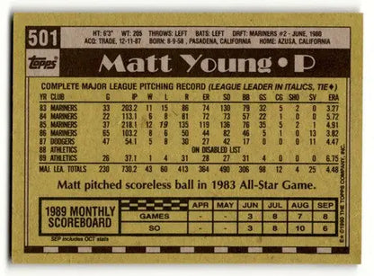 1990 Topps #501 Matt Young Oakland Athletics Baseball Cards EX/NM ID:55656