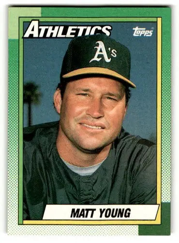 Original gloss 1990 Topps Matt Young Oakland Athletics baseball card featuring young Oakland Athletics pitcher