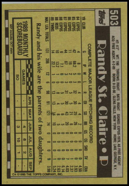 1990 Topps #503 Randy St. Claire Minnesota Twins baseball card on yellow background