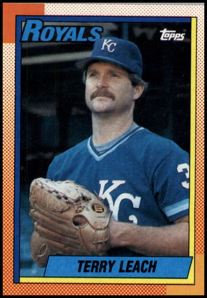 1990 Topps Terry Leach baseball card featuring Kansas City Royals player in blue uniform