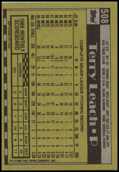 Baseball trading card of Terry Leach in yellow and black for Kansas City Royals