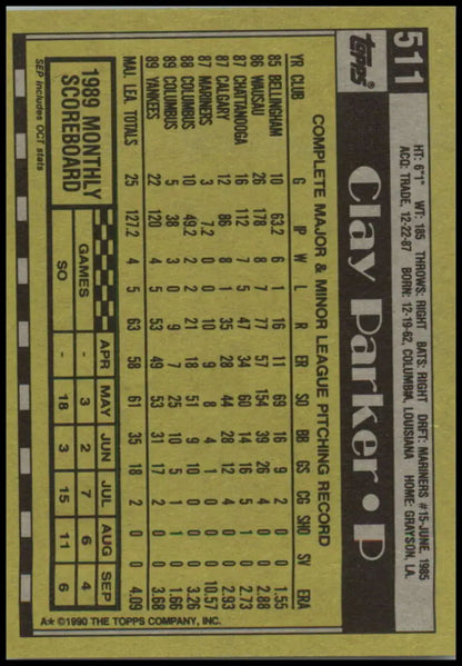 Baseball card back of Clay Parker with statistics in black and yellow for New York Yankees