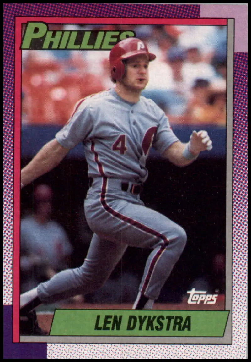 1990 Topps Lenny Dykstra baseball card featuring Philadelphia Phillies gray uniform