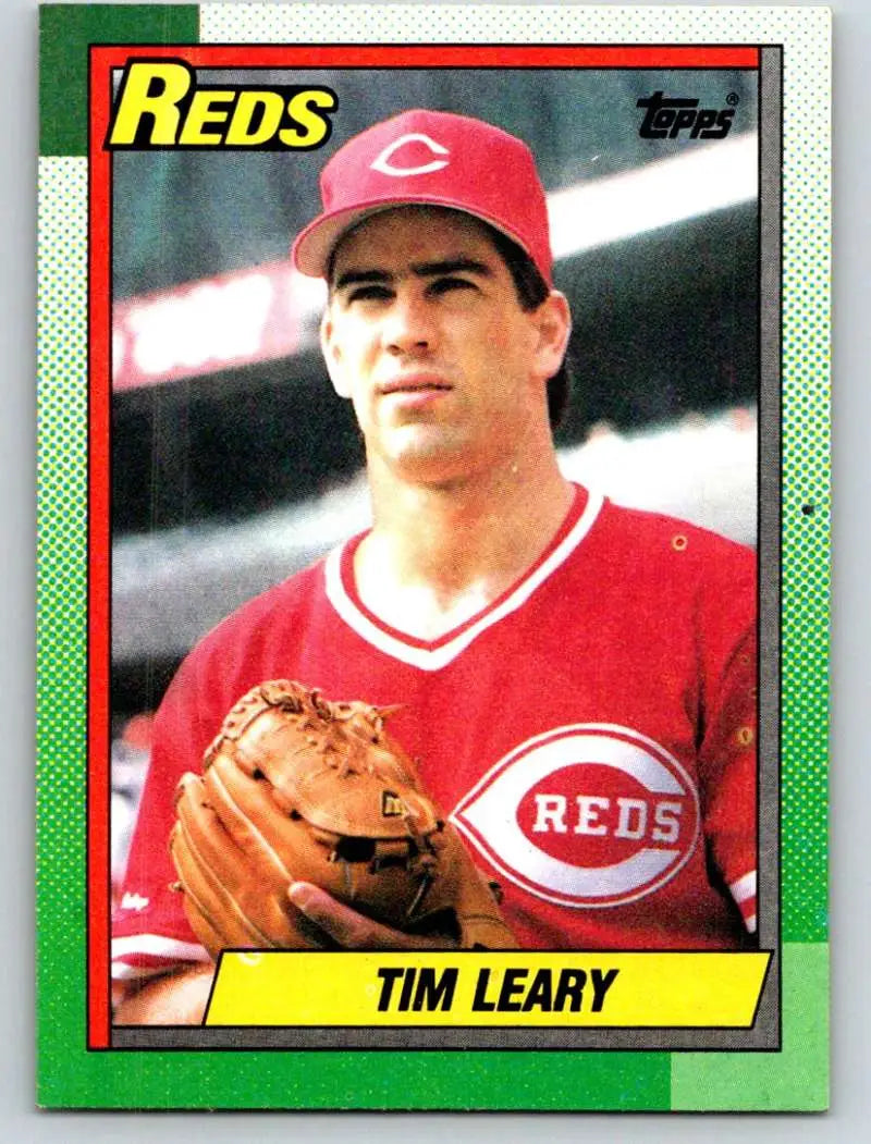 1990 Topps Tim Leary baseball card featuring Cincinnati Reds player in red uniform