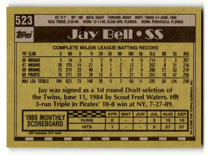 Jay Bell baseball card from 1990 Topps with original gloss Pirates trading card