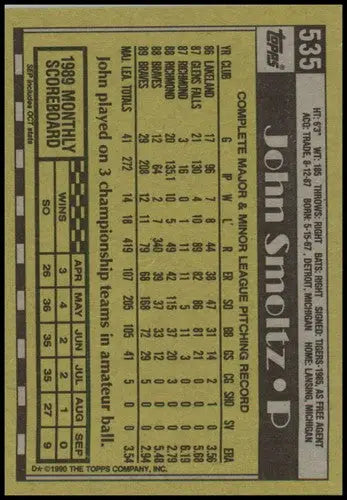 Back of 1990 Topps #535 John Smoltz baseball card with player stats and original gloss