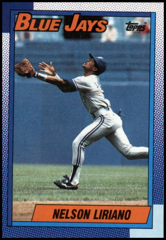 Baseball card of Nelson Liriano making a catch for the Toronto Blue Jays