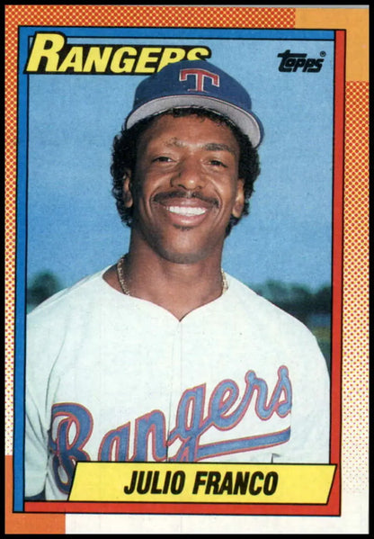 1990 Topps #550 Julio Franco Texas Rangers Baseball Card in white uniform and cap