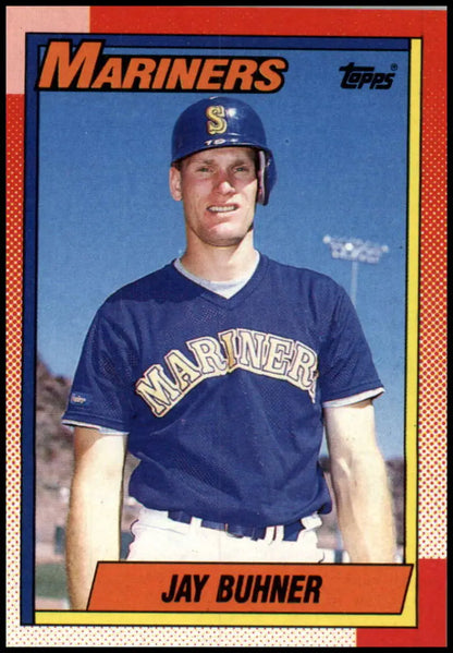 Jay Buhner Seattle Mariners baseball card in navy blue uniform from 1990 Topps