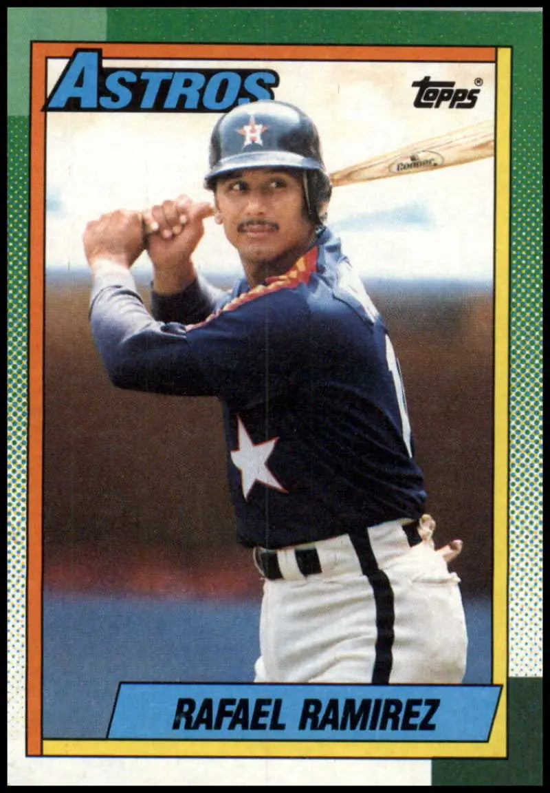 1990 Topps baseball card of Rafael Ramirez in Houston Astros navy uniform batting stance
