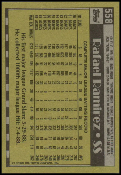 1990 Topps #558 Rafael Ramirez Baseball Card with Houston Astros stats in grid format